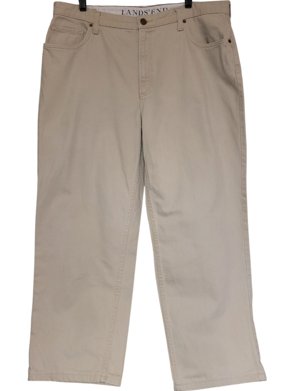 Lands End Beige Jeans Relaxed Fit Slightly Tapered 100% Cotton 38W, 28.5" Inseam